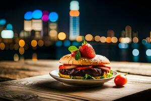 a hamburger with a strawberry on top of it on a table in front of a city skyline. AI-Generated photo