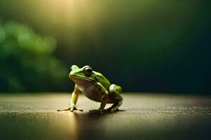 a frog is sitting on a table in front of a green background. AI-Generated photo