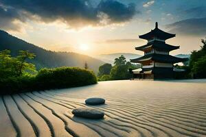 the sun rises over a pagoda in the middle of a sand dune. AI-Generated photo