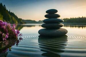 a stack of stones sits on the water in front of a lake. AI-Generated photo