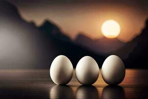 three eggs are sitting on a table in front of a mountain. AI-Generated photo