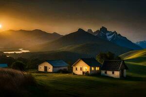 un casa en el montañas con un puesta de sol. generado por ai foto