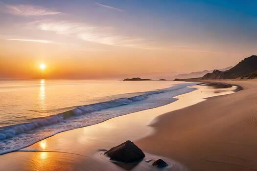 el Dom conjuntos terminado el Oceano y olas en un playa. generado por ai foto