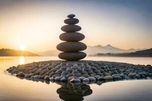 a stack of stones is sitting on top of a lake. AI-Generated photo