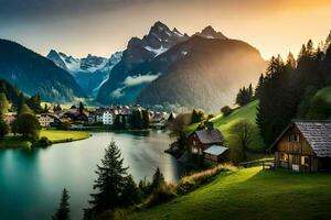 a beautiful mountain landscape with a lake and houses. AI-Generated photo