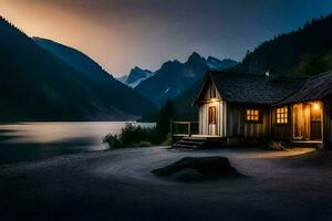 a cabin sits on the shore of a lake at dusk. AI-Generated photo