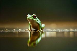 a frog sitting on the water with its reflection. AI-Generated photo