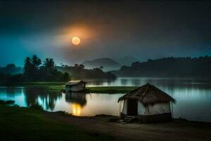 the moon rises over a lake and a hut. AI-Generated photo