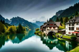 a beautiful lake and a house in the mountains. AI-Generated photo