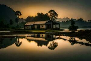 un pequeño casa se sienta en el borde de un lago a puesta de sol. generado por ai foto