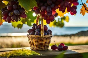 grapes in a basket on a wooden table near the ocean. AI-Generated photo