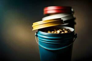 a bucket filled with peanuts and a lid. AI-Generated photo