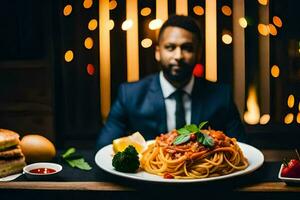 a man in a suit sits at a table with a plate of spaghetti. AI-Generated photo