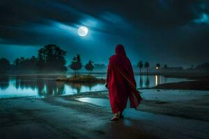 un mujer en rojo túnica caminando en el oscuro a noche. generado por ai foto