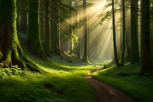 a path through a green forest with sunbeams shining down. AI-Generated photo