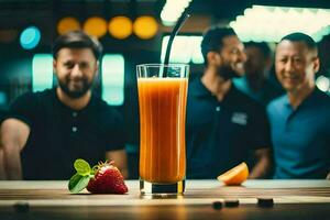a group of men standing around a glass of orange juice. AI-Generated photo