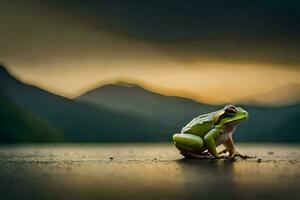 a frog sitting on the ground in front of a mountain. AI-Generated photo