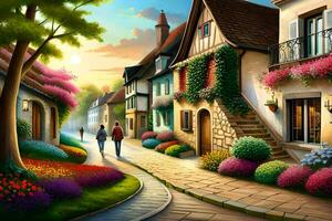a painting of a street with flowers and houses. AI-Generated photo