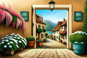 an open door leads to a street with flowers and potted plants. AI-Generated photo