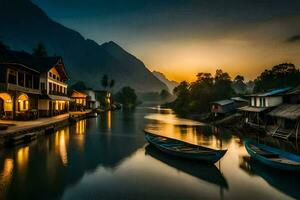 the sun sets over the river in the village of luang prabang, viet. AI-Generated photo