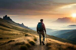 un hombre con un mochila caminando en un sendero en el montañas. generado por ai foto