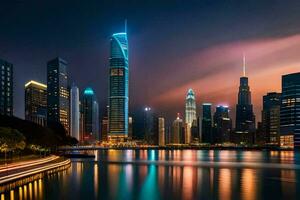 the city skyline at night with lights reflecting off the water. AI-Generated photo