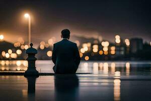 a man sitting on a dock at night with lights in the background. AI-Generated photo