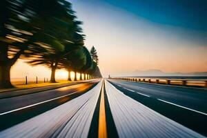 a long exposure photograph of a road with trees in the background. AI-Generated photo