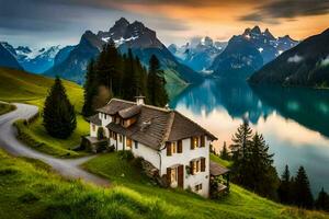 a house on the side of a mountain overlooking a lake. AI-Generated photo