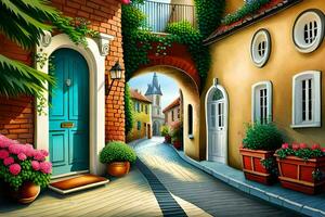 an illustration of a street with flowers and a blue door. AI-Generated photo