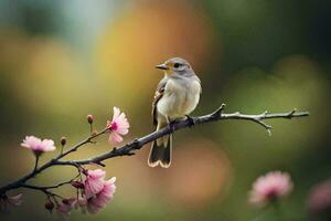 a bird sits on a branch with pink flowers. AI-Generated photo