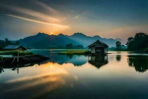 the sun rises over a lake and a hut in the middle. AI-Generated photo