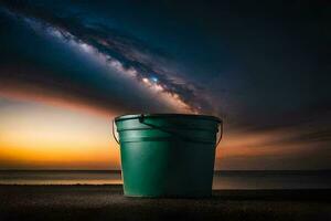 a bucket sitting on the beach at sunset. AI-Generated photo