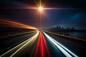 un largo exposición fotografía de un autopista a noche. generado por ai foto