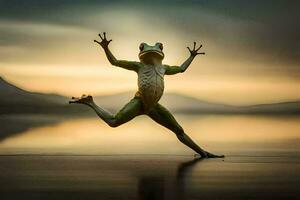 a frog jumping in the air on a lake. AI-Generated photo