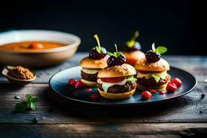 small burgers on a plate with a bowl of soup. AI-Generated photo