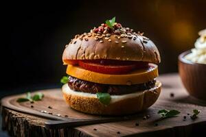 un hamburguesa con queso, tomate y lechuga en un de madera tablero. generado por ai foto