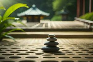 a stack of stones on a wooden floor. AI-Generated photo