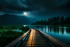el Luna sube terminado un de madera puente en el oscuro. generado por ai foto