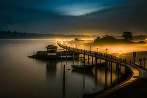 a long pier with lights on it at night. AI-Generated photo