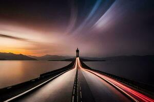 a long exposure photograph of a car driving on a road with a lighthouse in the background. AI-Generated photo