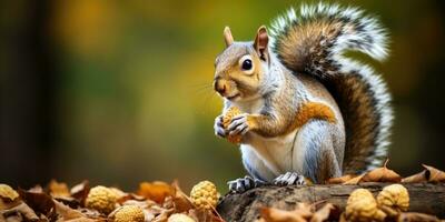 A cute squirrel sitting eating walnut kernels, AI Generative photo