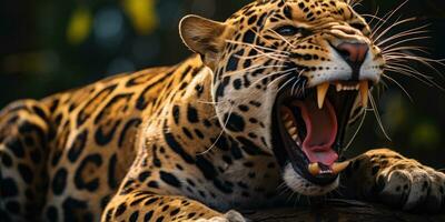 Magnificent Jaguar resting on a tree trunk with open mouth AI Generative photo