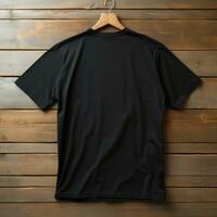 A view from back Luxurious plain black oversize t-shirt mockup with a hanger hanging on a wooden background, AI Generative photo