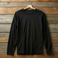 plain black t-shirt mockup with a hanger hanging on a wooden background, AI Generative photo