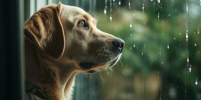 solitario blanco Labrador perdiguero murga tristemente a hogar mirando mediante lluvia empapado ventana, ai generativo foto