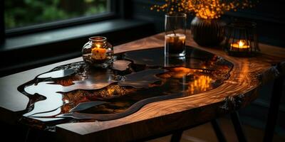 Luxury desk with epoxy resin and varnish Round tree slab with black epoxy river Wooden background hi, AI Generative photo