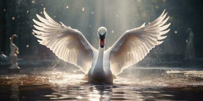 a Shining white feathered swan sitting on a green lake, AI Generative photo