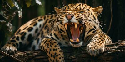 Magnificent Jaguar resting on a tree trunk with open mouth AI Generative photo