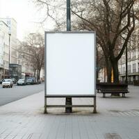 Blank white banner for advertisement on sidewalk in city AI Generative photo